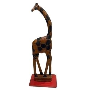 Hand Craved Wooden Giraffe Sculpture on Red Base